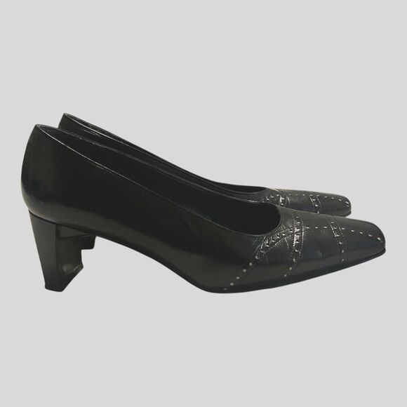 Stuart Weitzman Shoes - STUART WEITZMAN Black Leather Classic Square Toe Pumps Metal Stud Trim 8 B Heels